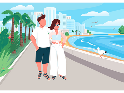 恋爱中的情侣沿着海滨平面彩色矢量插图散步(Couple in love walking along seafront flat color vector illustration)