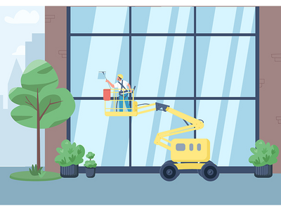 建筑窗户清洁平面彩色矢量图(Building windows cleaning flat color vector illustration)