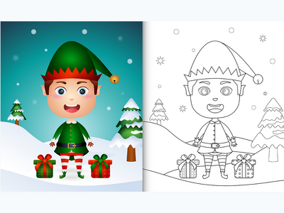 涂色书，上面有一个可爱的男孩精灵圣诞人物和一袋礼物(coloring book with a cute boy elf christmas characters with a sack of gifts)