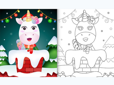 用圣诞老人的帽子和围巾在烟囱里为可爱的独角兽着色(coloring for kids with a cute unicorn using santa hat and scarf in chimney)
