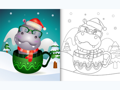 着色书，杯子里有可爱的河马圣诞人物(coloring book with a cute hippo christmas characters  in the cup)