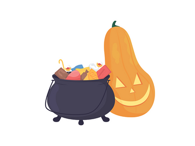 带有糖果和南瓜灯的大锅半平面彩色矢量项目(Cauldron with candies and pumpkin lantern semi flat color vector item)