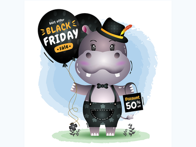 黑色星期五促销活动，带有可爱的河马举行气球促销(Black friday sale with a cute hippo hold balloon promotion)