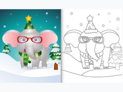 带有可爱的大象圣诞人物的图画书(coloring book with a cute elephant christmas characters)