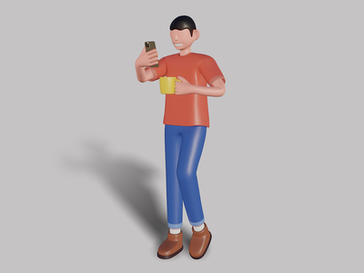 3d 男性角色正在打开智能手机并拿着杯子。高级 Psd(3d male character is opening smartphone and holding cup. Premium Psd)