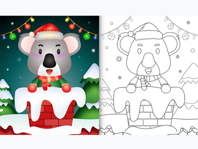 用圣诞老人的帽子和围巾在烟囱里为可爱的考拉着色(coloring for kids with a cute koala using santa hat and scarf in chimney)