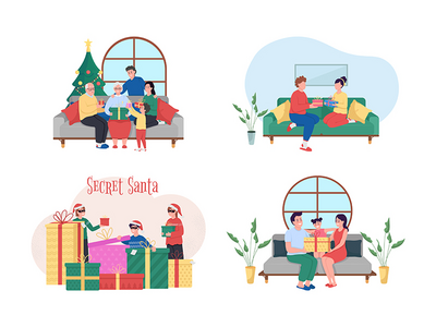 圣诞礼物交换 2D 矢量网页横幅、海报集(Christmas gift exchange 2D vector web banner, poster set)