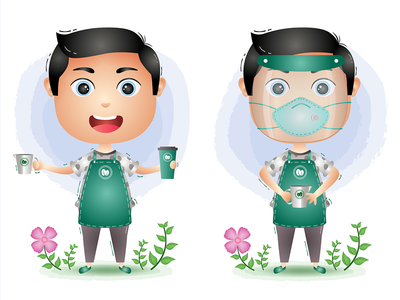 咖啡师正在煮咖啡。矢量图字符。(barista man is making coffee . vector illustration character.)