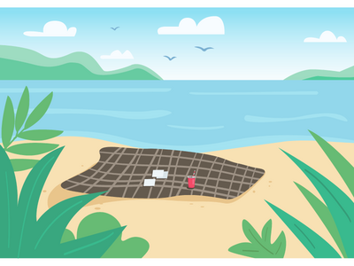 野生海滩上的毯子平面彩色矢量图解(Blanket on wild beach flat color vector illustration)