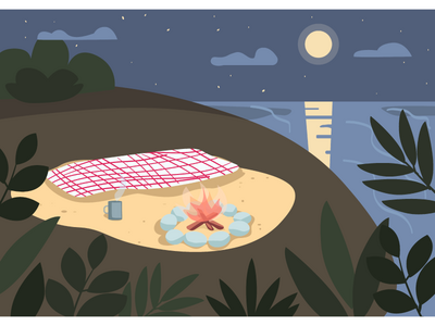 海滨平面彩色矢量图解上的毯子和篝火(Blanket and bonfire on seashore flat color vector illustration)