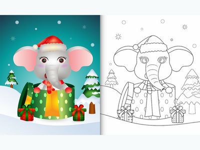 带有可爱的大象圣诞人物的图画书(coloring book with a cute elephant christmas characters)