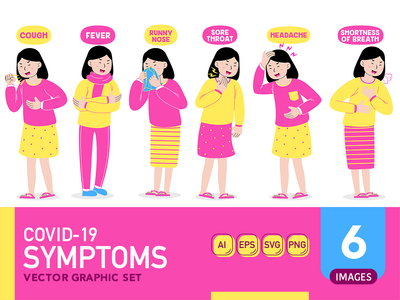 Covid-19（冠状病毒）症状矢量图解-女性版(Covid-19 (Coronavirus) Symptoms Vector illustration - Female Version)