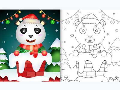 用圣诞老人的帽子和围巾在烟囱里为可爱的熊猫着色(coloring for kids with a cute panda using santa hat and scarf in chimney)