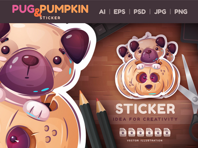 幼稚的卡通人物哈巴狗和南瓜| 高分辨率照片| CLIPARTO可爱的动物插图 PNG(Childish Cartoon Character Pug And Pumpkin | Cute Animal Illustration PNG)