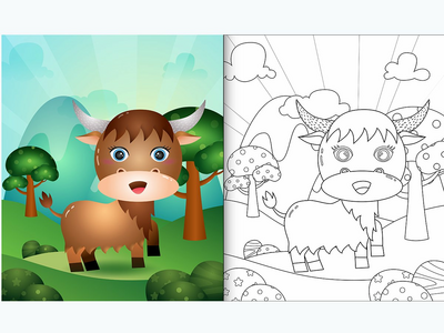 带有可爱水牛角色插图的儿童着色书(coloring book for kids with a cute buffalo character illustration)
