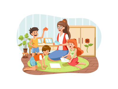 儿童游戏室，幼儿园老师的孩子。(Children playroom, kids with teacher in kindergarten.)