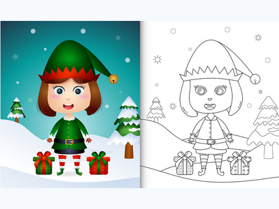 涂色书，上面有一个可爱的小精灵圣诞角色，还有一袋礼物(coloring book with a cute girl elf christmas characters with a sack of gifts)