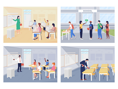 在学校平面彩色矢量插图集的 covid 流行病规则之后(After covid pandemic rules at school flat color vector illustration set)