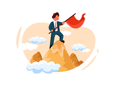 站在山顶举旗的商人(Businessman standing and holding flag on the top of peak)