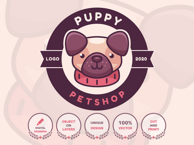 卡通人物动物狗哈巴狗-标识(Cartoon Character Animal Dog Pug - Logotype)