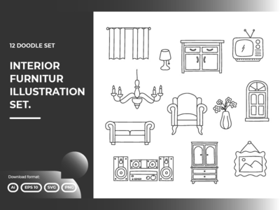 12 个室内家具涂鸦插图集(12 Interior furniture doodle illustrations set)