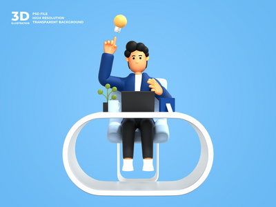 使用笔记本电脑自由职业者工作的 3d 男性角色(3d male character working using laptop freelancer)