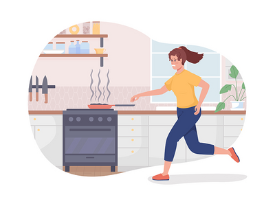 在炉子上燃烧食物 2D 矢量隔离插图(Burning food on stove 2D vector isolated illustration)