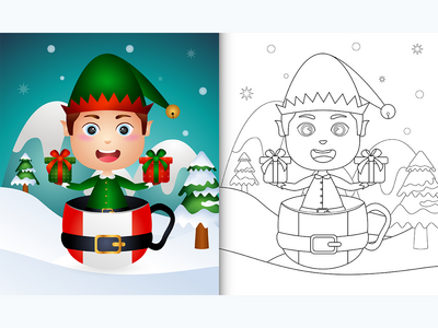 着色书与可爱的男孩精灵圣诞人物在杯子圣诞老人(coloring book with a cute boy elf christmas characters in the cup santa)