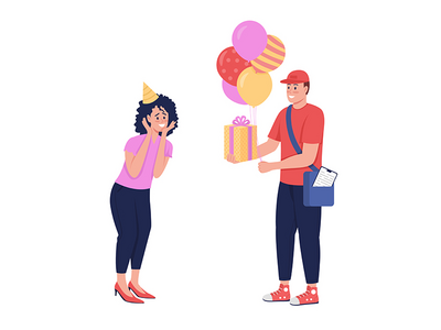 生日礼物递送半平面彩色矢量字符(Birthday gift delivery semi flat color vector characters)