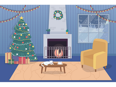 圣诞平面彩色矢量插图中的舒适之家(Cozy home at Christmas flat color vector illustration)