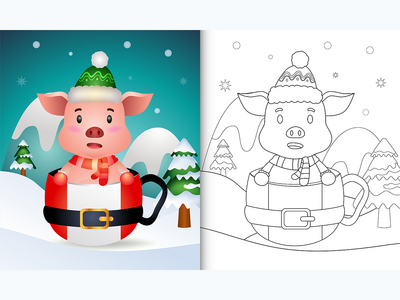 圣诞老人杯中带有可爱猪圣诞人物的着色书(coloring book with a cute pig christmas characters  in the santa cup)