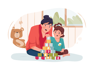 保姆和女婴在家里玩玩具立方体(Babysitter and baby girl playing with toy cubes at home)