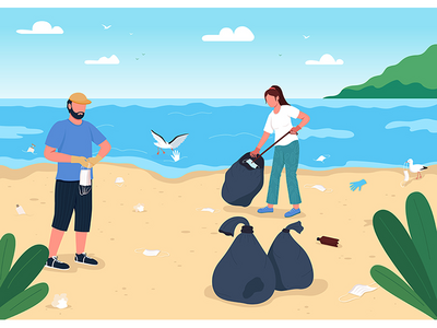 从 covid 垃圾平面彩色矢量图中清洁海滩(Cleaning beach from covid rubbish flat color vector illustration)