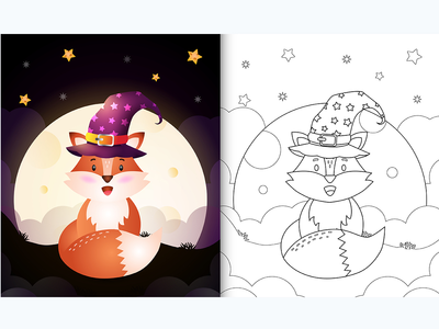 着色书与可爱的卡通万圣节女巫狐狸在月亮前(coloring book with a cute cartoon halloween witch fox front the moon)