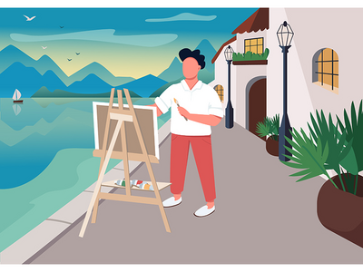 艺术家在海边绘画平面彩色矢量图(Artist painting at seaside flat color vector illustration)