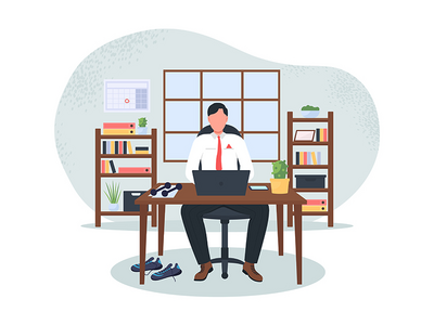 锻炼后在电脑上的商人 2D 矢量网页横幅、海报(Businessman at computer after workout 2D vector web banner, poster)