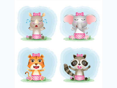 可爱的小动物：犀牛、大象、老虎和浣熊。(a cute baby animals: rhino, elephant, tiger and raccoon.)