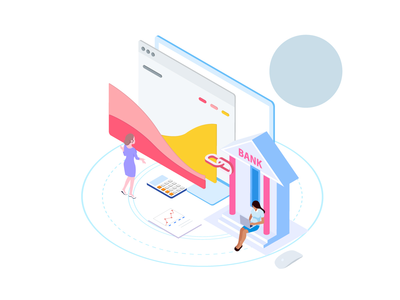 通过财务等轴测图将账户与银行联系起来(Connect Account with Bank by Finance Isometric Illustration)