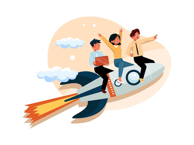 业务团队在火箭上走向成功(Business team go high to success on a rocket)