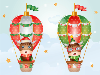 热气球上可爱的水牛圣诞人物(Cute buffalo christmas characters on hot air balloon)