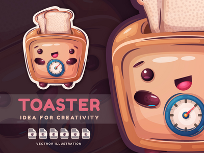 卡通人物烤面包机与面包-贴纸(Cartoon Character Toaster With Bread - Sticker)