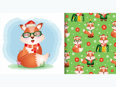 一个可爱的狐狸圣诞人物。无缝图案和插图设计(a cute fox christmas characters. seamless pattern and illustration designs)