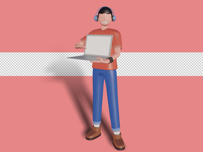 3d 字符显示设备的插图在前面。高级 psd(3d illustration of character showing device in front. premium psd)