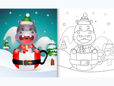 圣诞老人杯中带有可爱河马圣诞人物的着色书(coloring book with a cute hippo christmas characters in the santa cup)