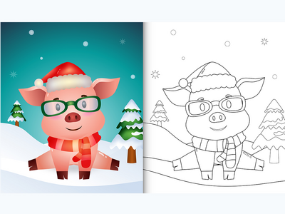 带有可爱猪圣诞人物的着色书(coloring book with a cute pig christmas characters)