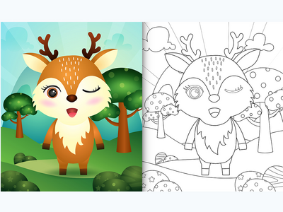 带有可爱鹿角色插图的儿童着色书(coloring book for kids with a cute deer character illustration)