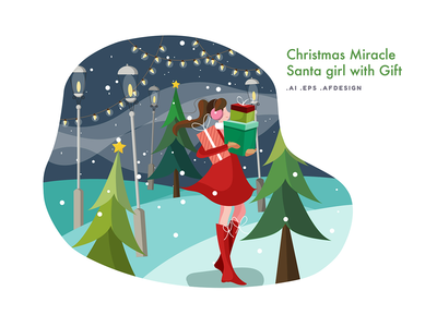 圣诞奇迹-圣诞老人女孩与礼物矢量图(Christmas Miracle - Santa Girl with Gift Vector Illustration)