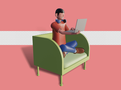 自由职业者在她家使用笔记本电脑的 3d 插图(3d illustration of Freelancer working on laptop at her house)