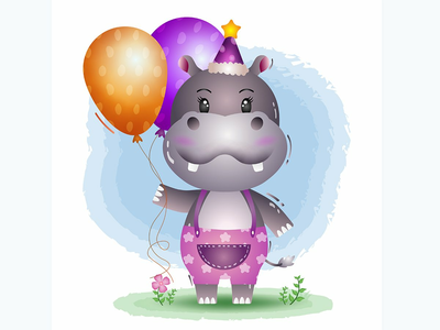 一只可爱的河马，戴着生日帽，拿着气球(a cute hippo using birthday hat and holds balloon)