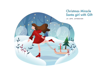 圣诞奇迹-圣诞老人女孩与礼物矢量图(Christmas Miracle - Santa Girl with Gift Vector Illustration)